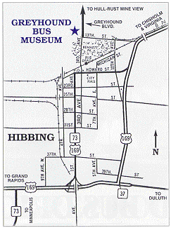 Map of Hibbing with the Greyhound Bus Museum marked.